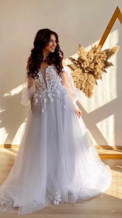 A Line Off The Shoulder Tulle Sweep Train Wedding Dresses With Appliques Lace Missacc 