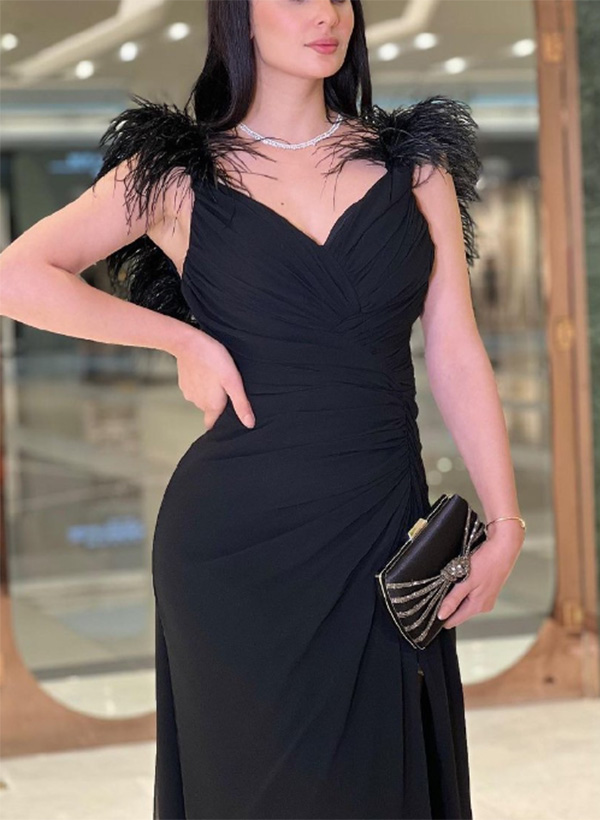Sheath/Column V-Neck Sleeveless Ruched Formal Dresses