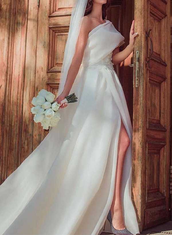One-Shoulder Sleeveless Organza Sweep Train Wedding Dress