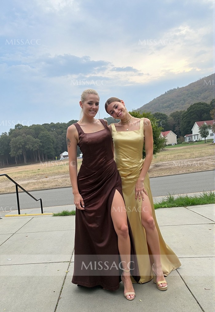 Sheath/Column Silk Like Satin Bridesmaid Dresses With Ruffle/High Split