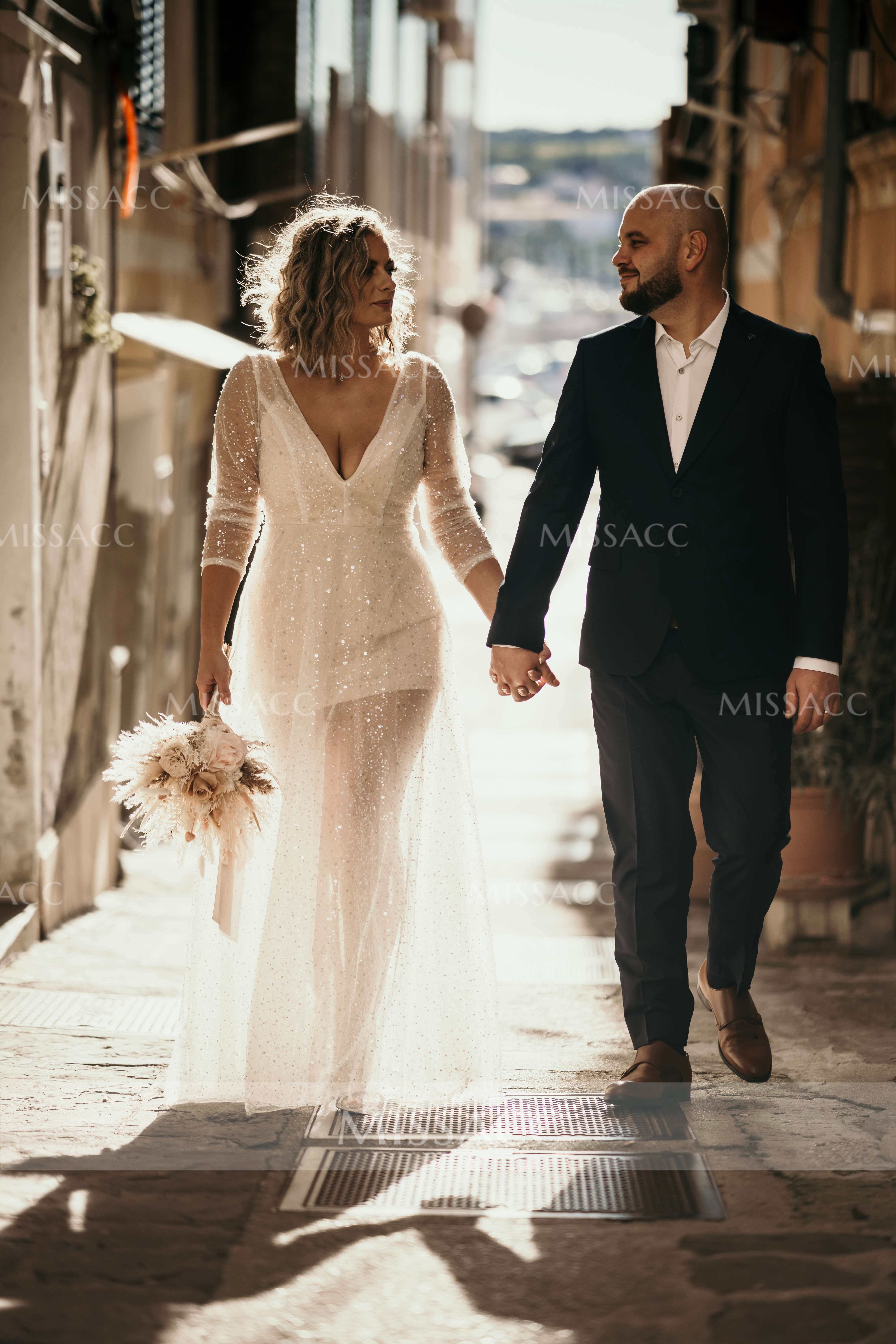 Boho Sequin V-Neck Long Sleeves Sweep Train Wedding Dresses