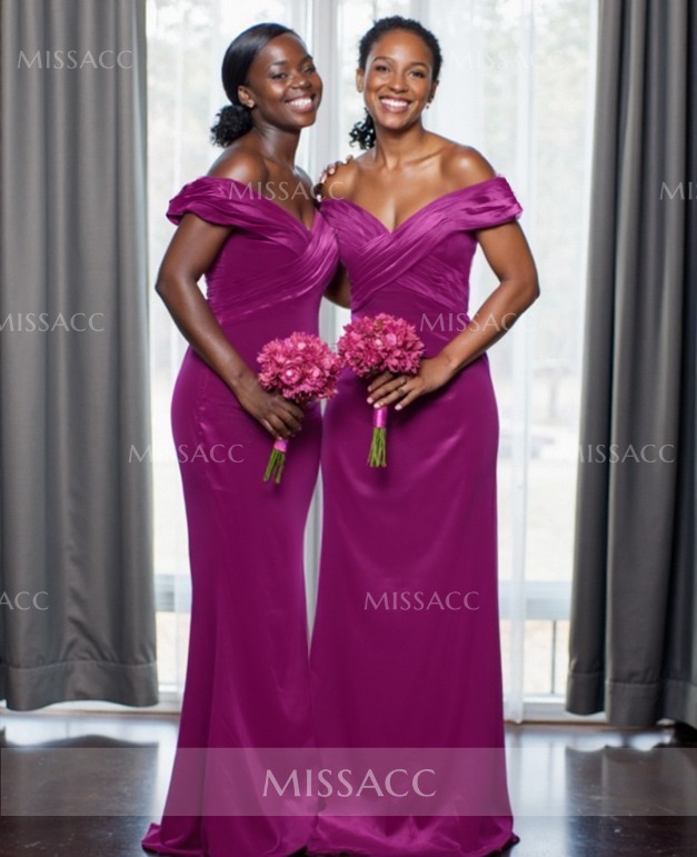 Sheath/Column Off-The-Shoulder Sleeveless Silk Like Satin Bridesmaid Dresses