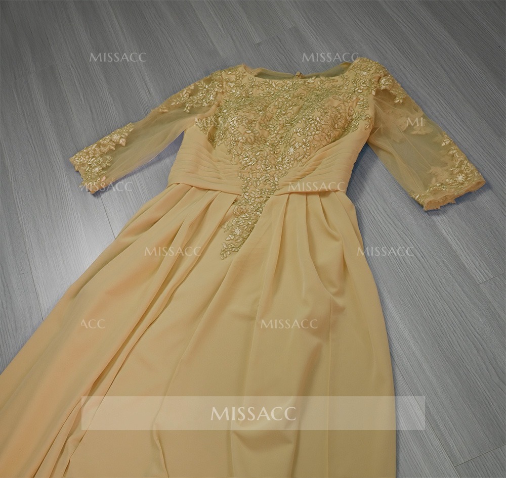 Sheath/Column Scoop Neck 3/4 Sleeves Chiffon Mother Of The Bride Dresses With Lace