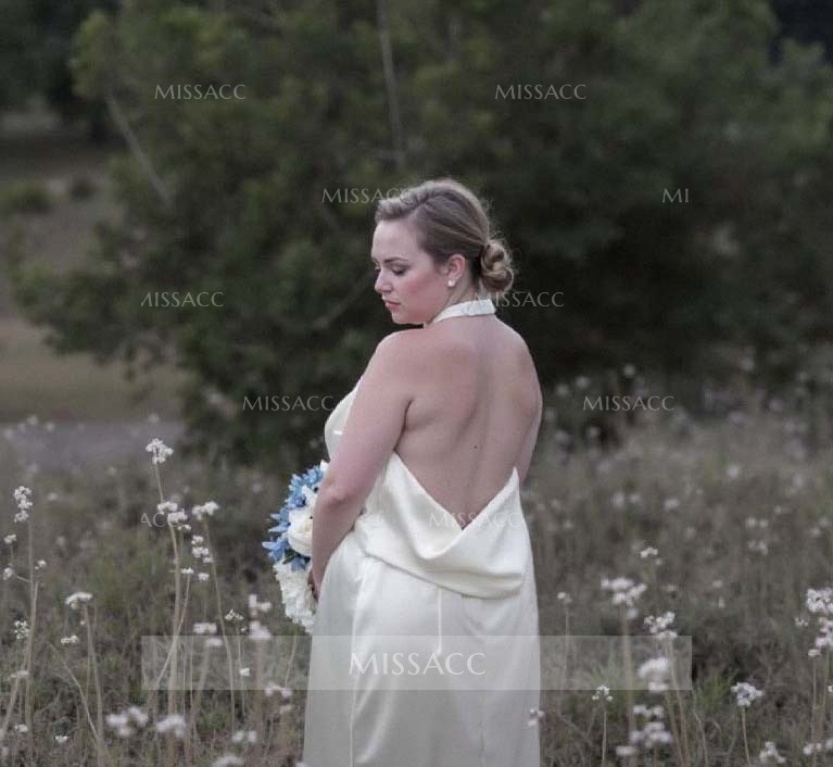 Backless Halter Sheath/Column Wedding Dresses With Silk Like Satin