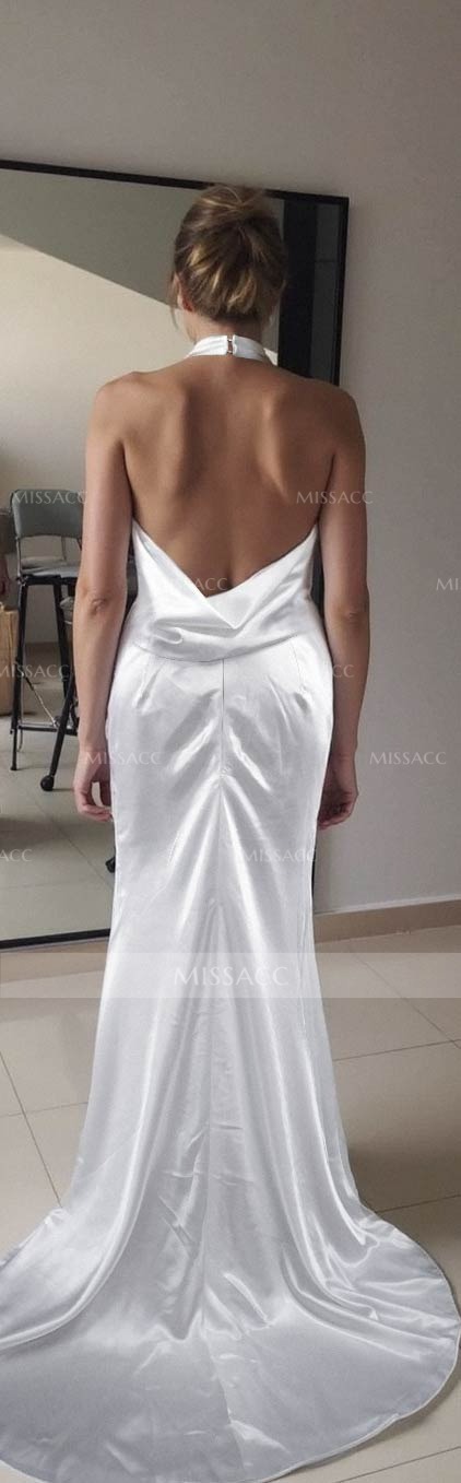 Backless Halter Sheath/Column Wedding Dresses With Silk Like Satin