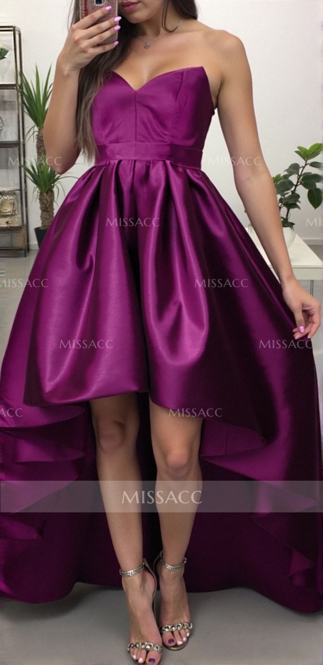 Ball-Gown/Princess Sleeveless Strapless Satin Asymmetrical Prom Dress With Pleated