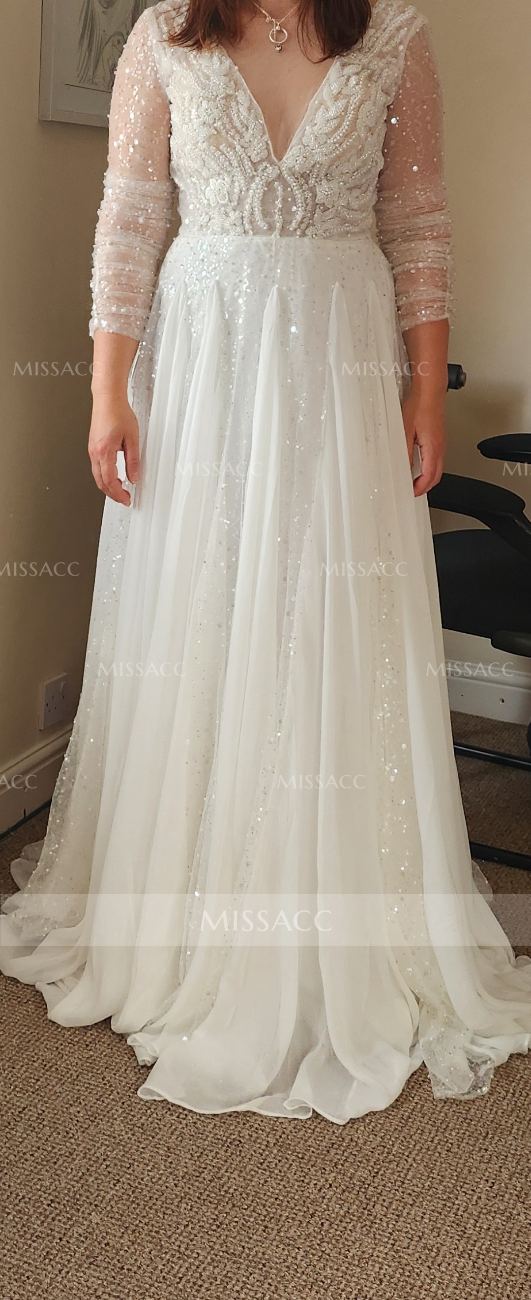 A-Line V-Neck Long Sleeves Sweep Train Chiffon/Lace Wedding Dresses With Lace