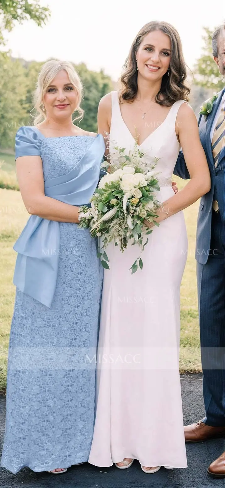 Sequin Satin Mermaid Round Neck Beaded Mother of the Bride Dresses with Caps main image 1