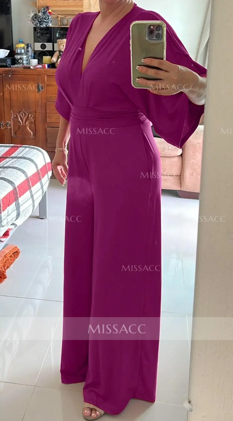 Jumpsuit V-Neck Half Sleeves Soft Satin Pleats Belt Mother Of The  Groom Dress With Tie Pantsuit
