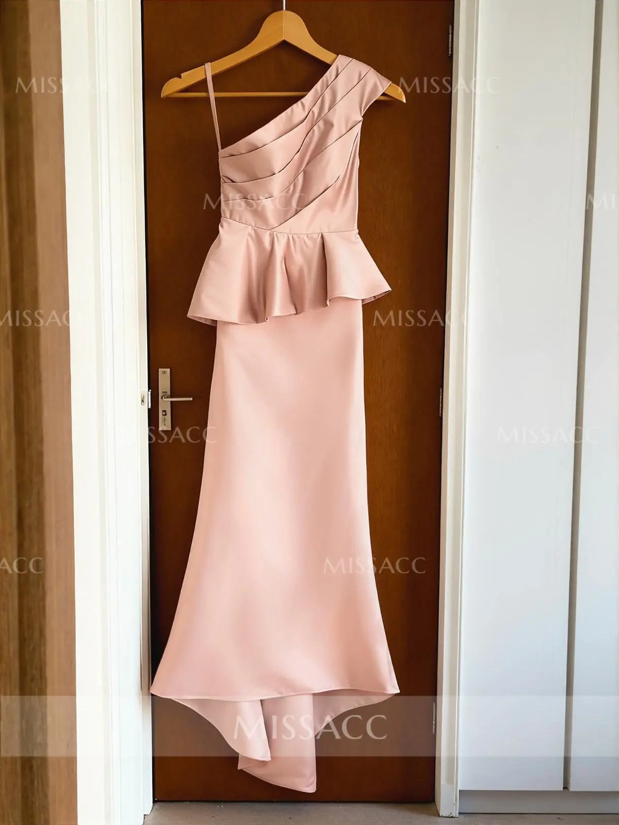 One-Shoulder Satin Dresses with Sweep Train Pearl Pink