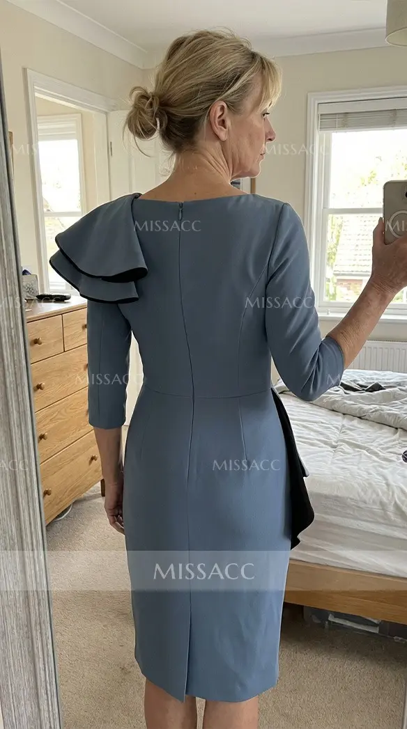Scoop Neck 3/4 Sleeves Ruffle Knee-length Dress Peacock main image 1