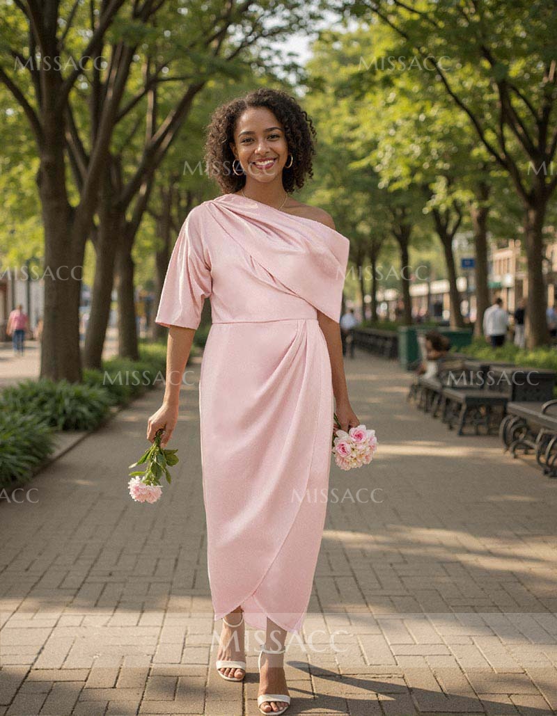 Sheath/Column Halter Sleeveless Sexy Asymmetrical Bridesmaid Dresses with Ruffles