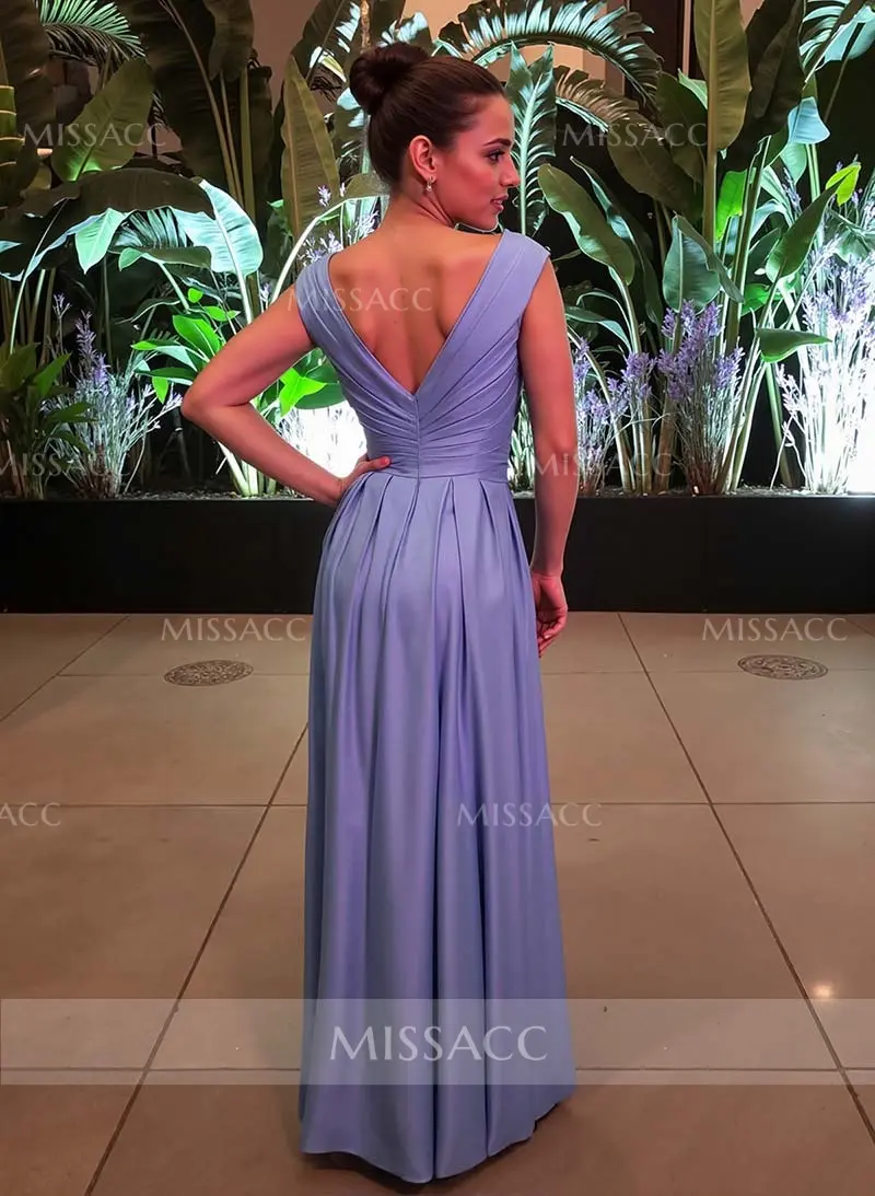 A-line V-neck Long Satin Dresses with Pockets Terracotta Plus Size