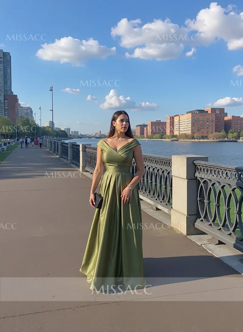 A-line V-neck Long Satin Dresses with Pockets White Plus Size