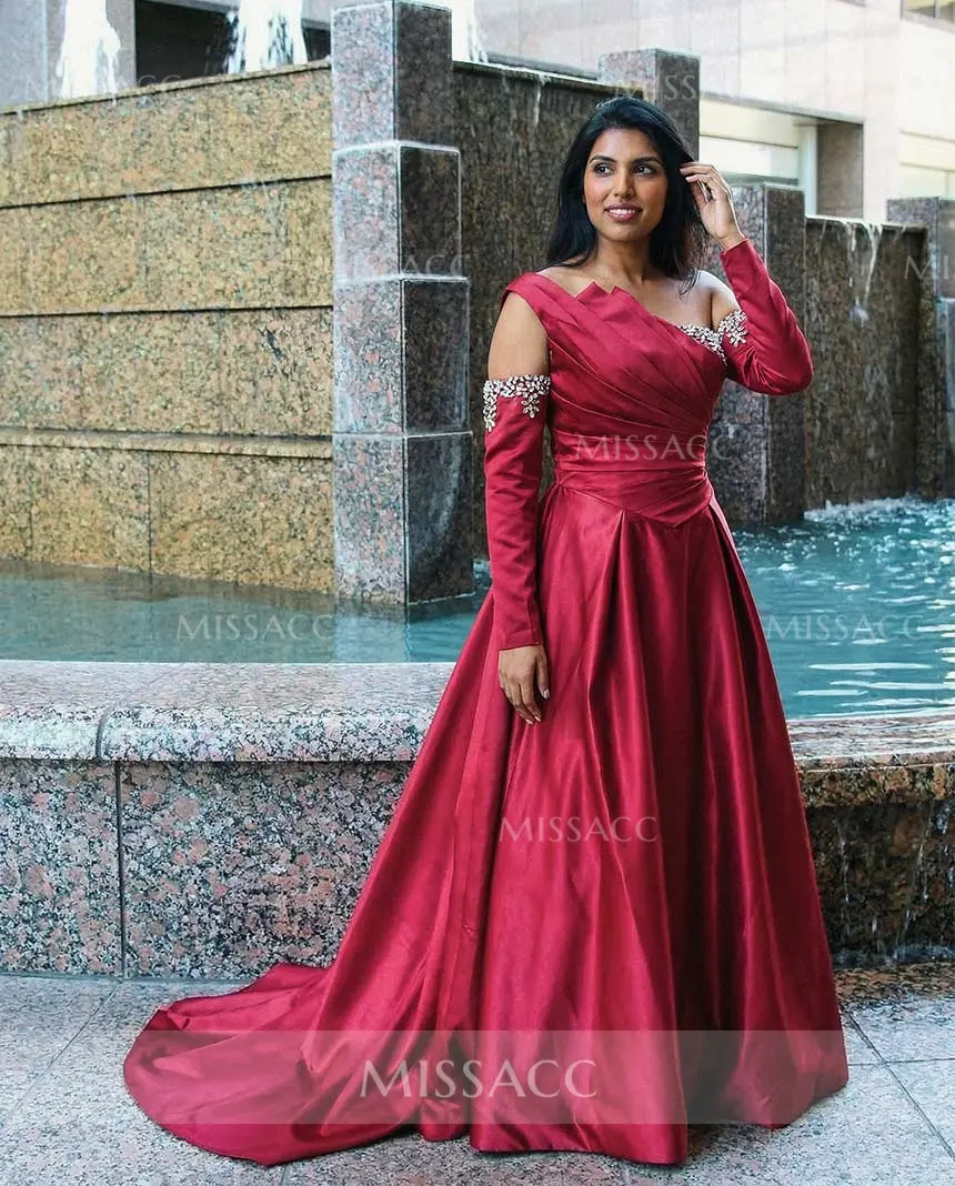 Unique One Shoulder Satin Pleated Beaded Long Evening Dress Formal Birthday Prom Dress SP1437