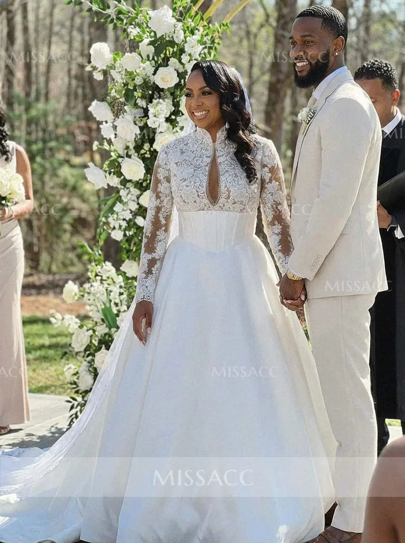 Ball-Gown V-Neck High Neck Long Sleeves Court Train Lace Tulle Soft Satin BRIDE With Appliques Lace