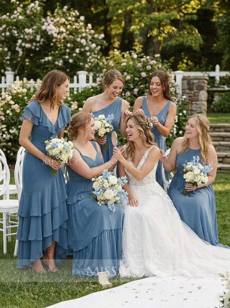 Sheath/Column V-Neck Short Sleeves Chiffon Bridesmaid Dresses With Ruffle -  Missacc Italy