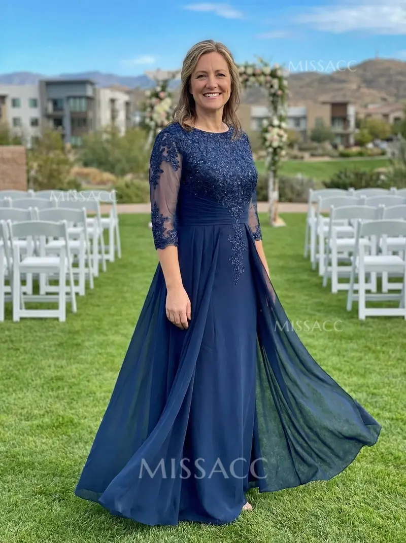 Sheath/Column Scoop Neck 3/4 Sleeves Chiffon Mother Of The Bride Dresses With Lace