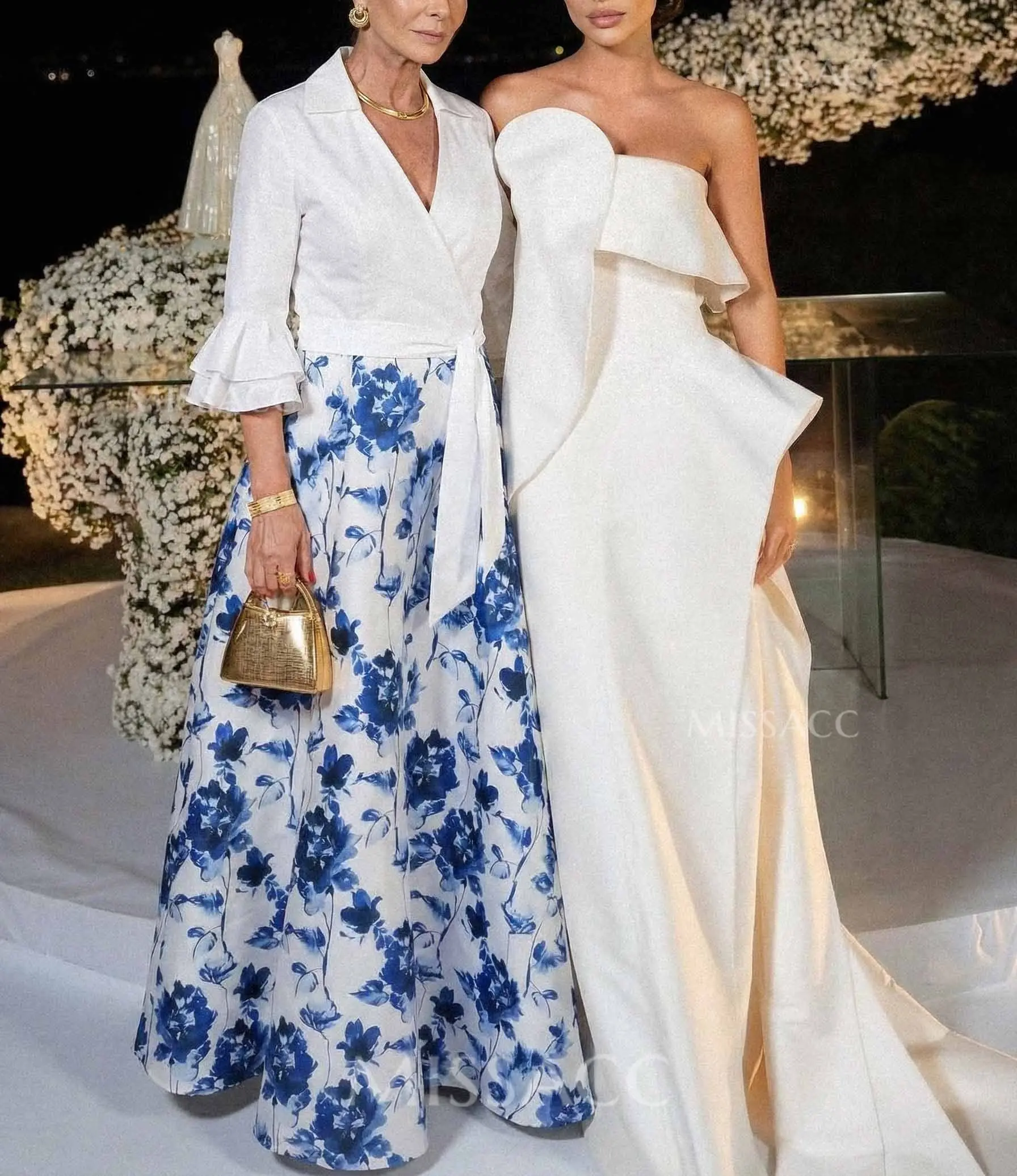 A-Line V-Neck 3/4 Sleeves Floor-Length Taffeta Mother Of The Bride Dresses With Floral-Print/Cascading/Ruffles #SMBD12682