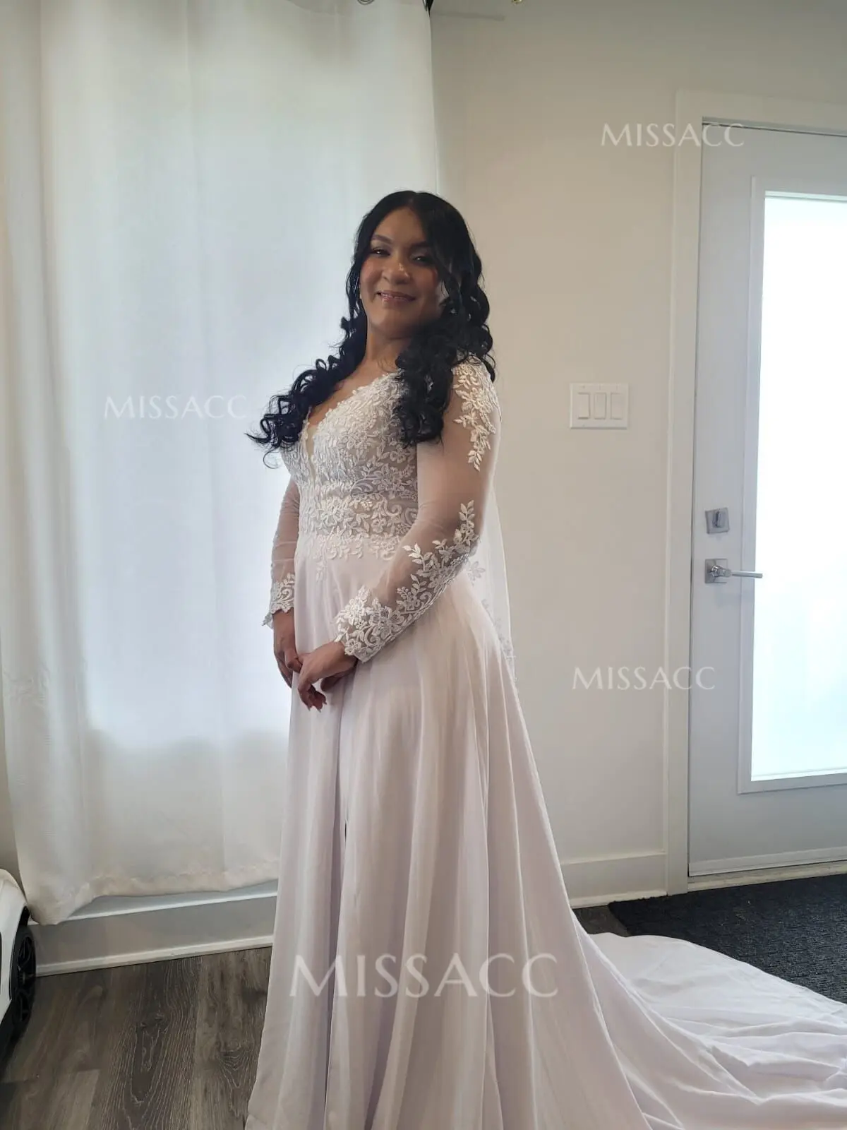 A-Line V-Neck Long Sleeves Lace/Tulle Wedding Dresses With Split Front #SWD10778
