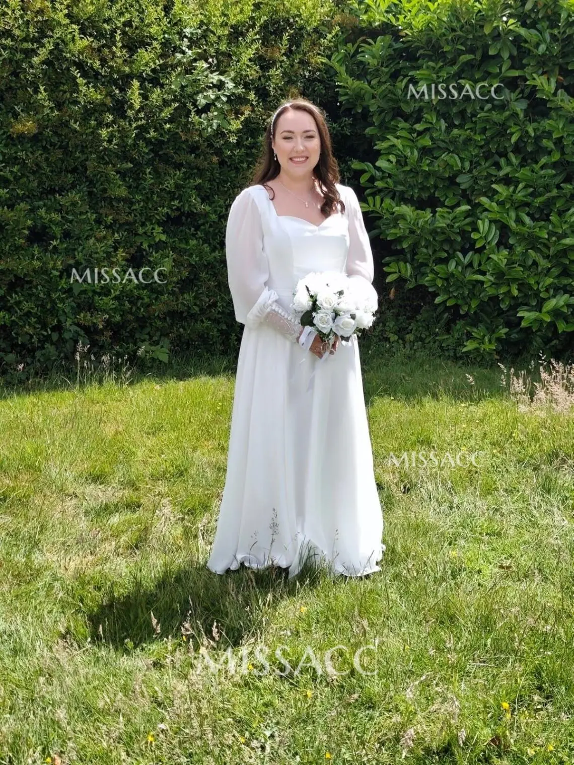 Elegant Sweetheart Long Sleeves A-Line Floor-Length Chiffon Wedding Dresses With Lace #SWD12854