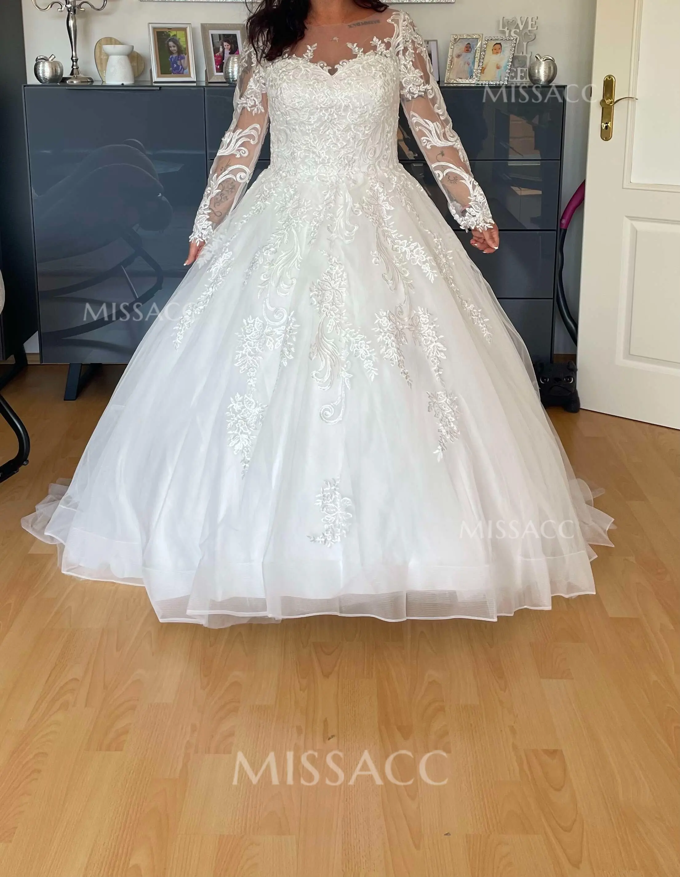 Dreamy A-Line Illusion Neck Long Sleeves Sweep Train Tulle Wedding Dresses With Appliques Lace #SWD12654
