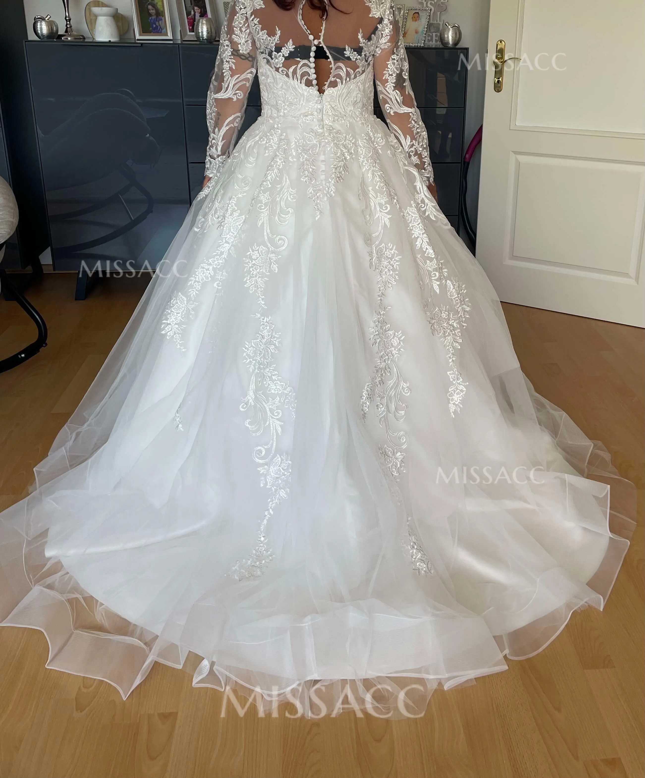 Dreamy A-Line Illusion Neck Long Sleeves Sweep Train Tulle Wedding Dresses With Appliques Lace #SWD12654
