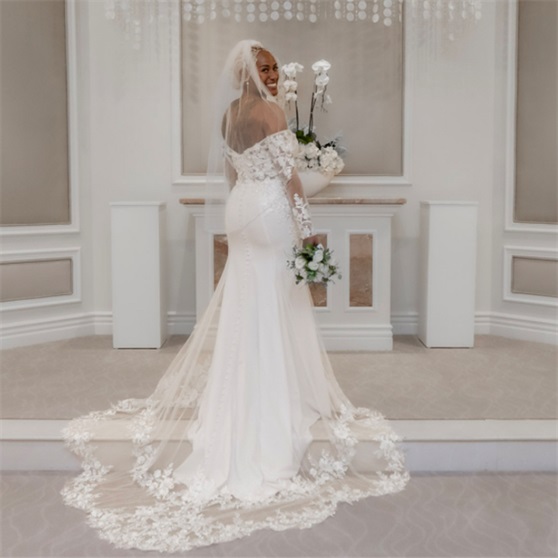 I was so worried getting a dress online because I’m tall 5’10 180 (shaped like a pear) 36DD My family and his family wanted this bedazzled dress and I am so simple I don’t even know how to wear makeup! This dress is perfect I had to alter the shoulders because it kept falling down so we added elastic. Say yes to the dress !