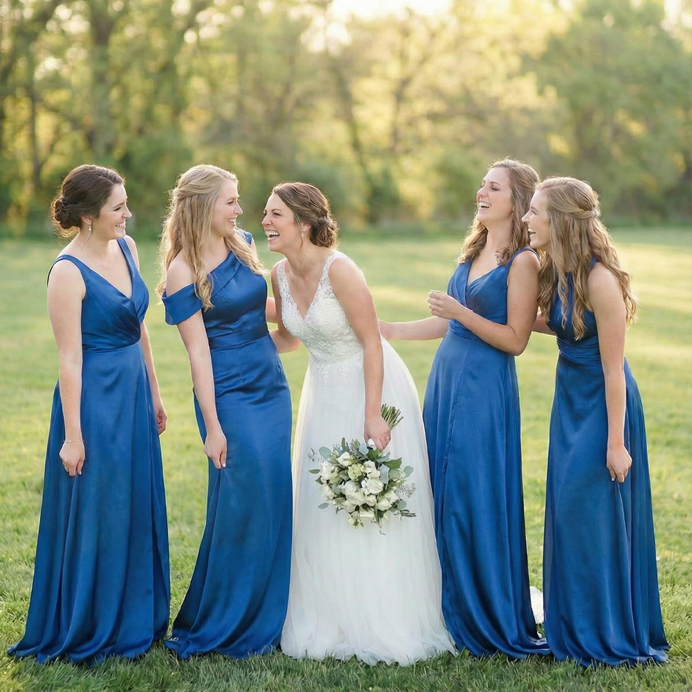 Just got this bridesmaid dress and it's really pretty! The color is vibrant and the fabric feels soft. It fits well and the asymmetrical cap sleeves add a nice touch of elegance. Would recommend for any special occasion.