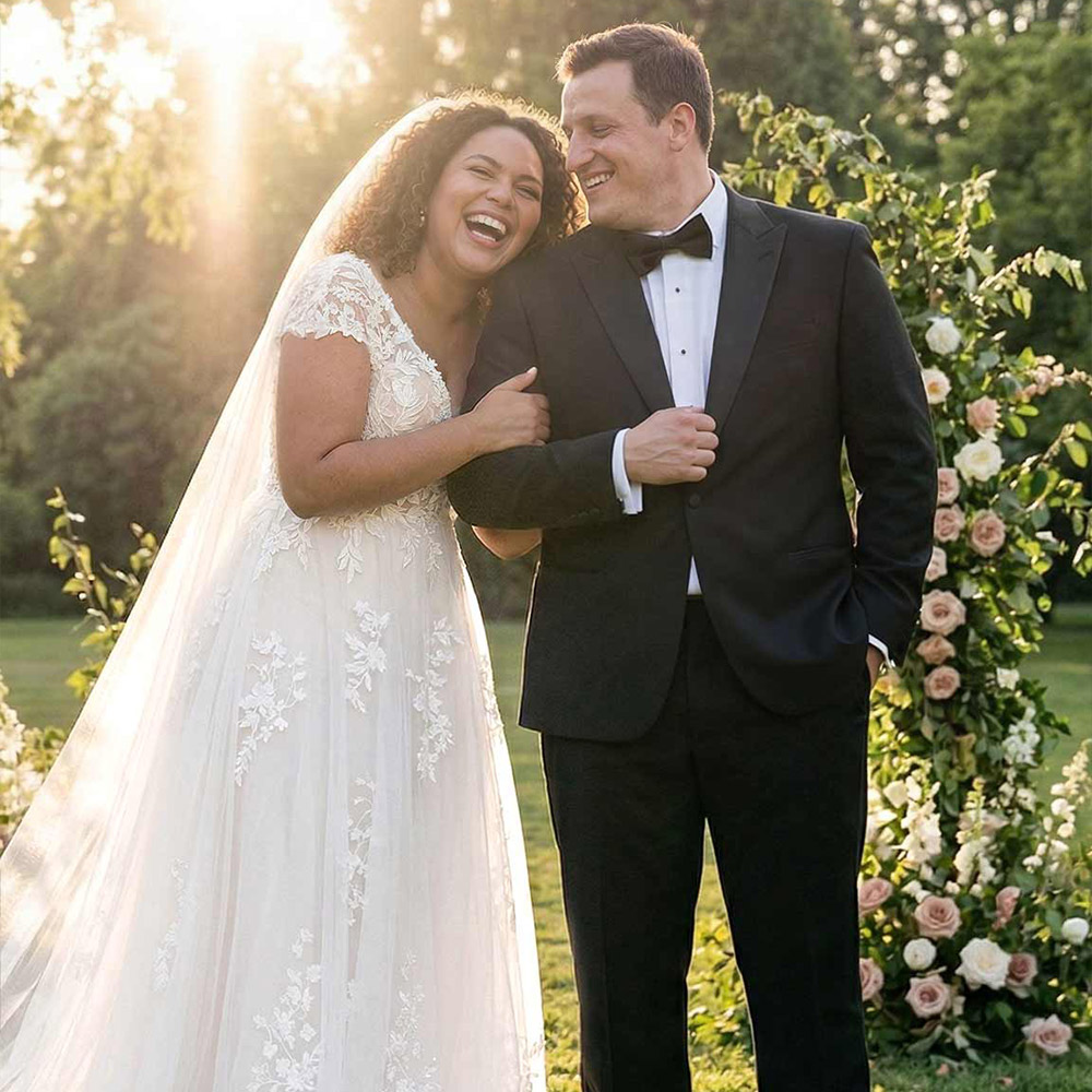 Der V-Ausschnitt und die kurzen Ärmel dieses Kleides sind unglaublich schmeichelhaft; es betont meine Kurven perfekt. Die Rückendetails sind atemberaubend und sehen auf Fotos fantastisch aus. Ideal für eine Trauung im Freien!🥰