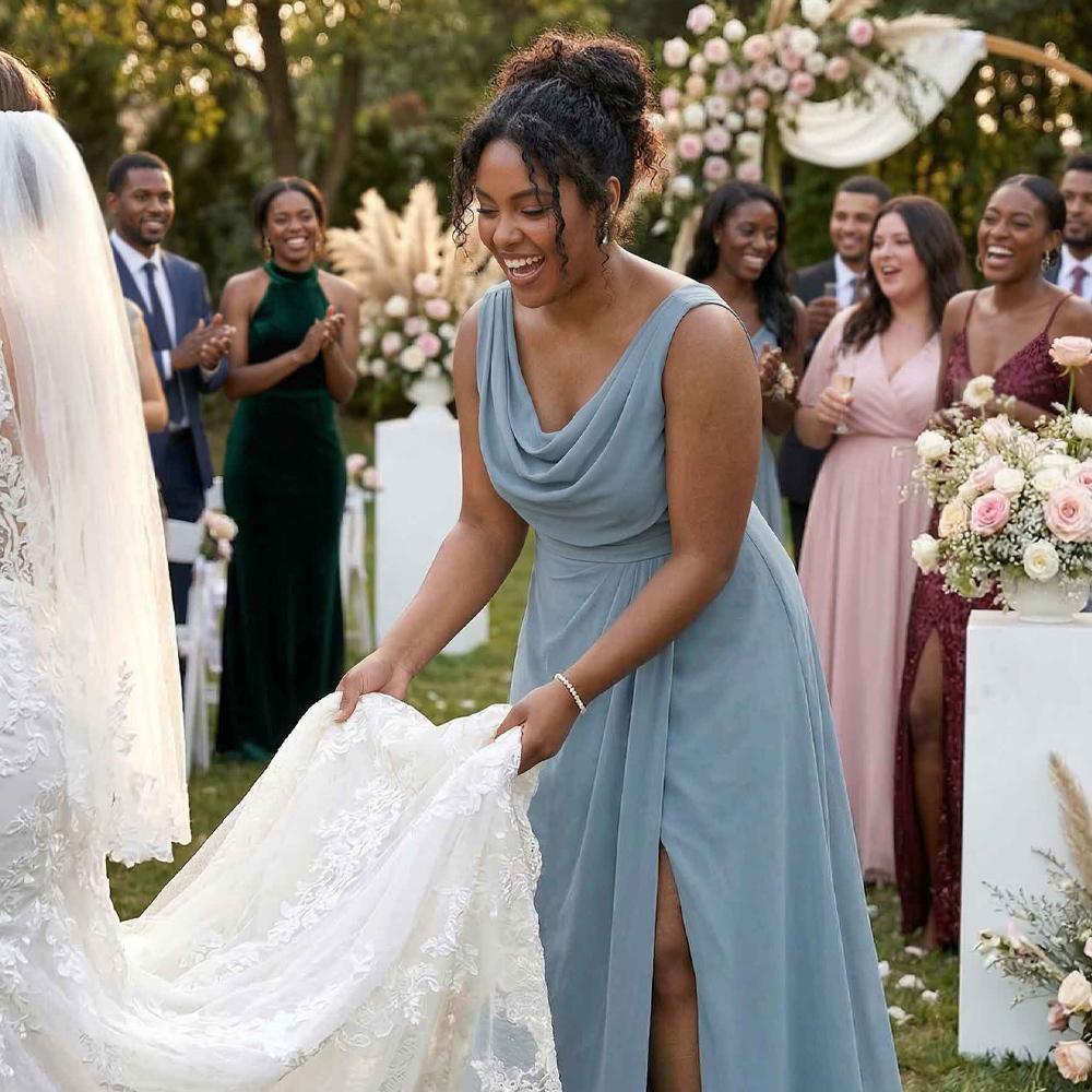 The best part about this dress is definitely the slit. It adds a little sass to a classic look. I ordered this for my own bridesmaid and she looked incredible.