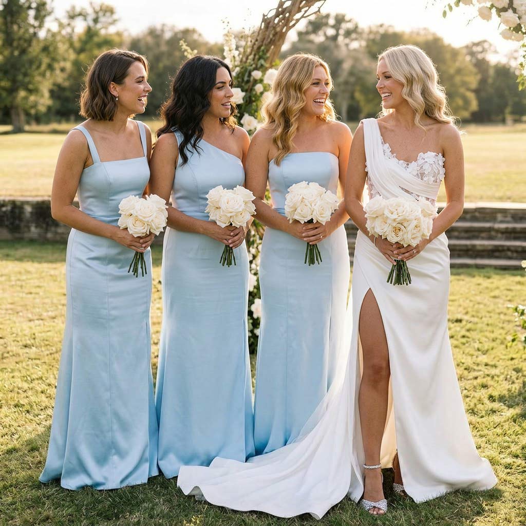 This dress is elegant and stylish, with a beautiful satin fabric that feels wonderful to the touch. The high slit adds a touch of sexiness. It looks absolutely perfect standing next to my bridesmaids! Highly recommended!