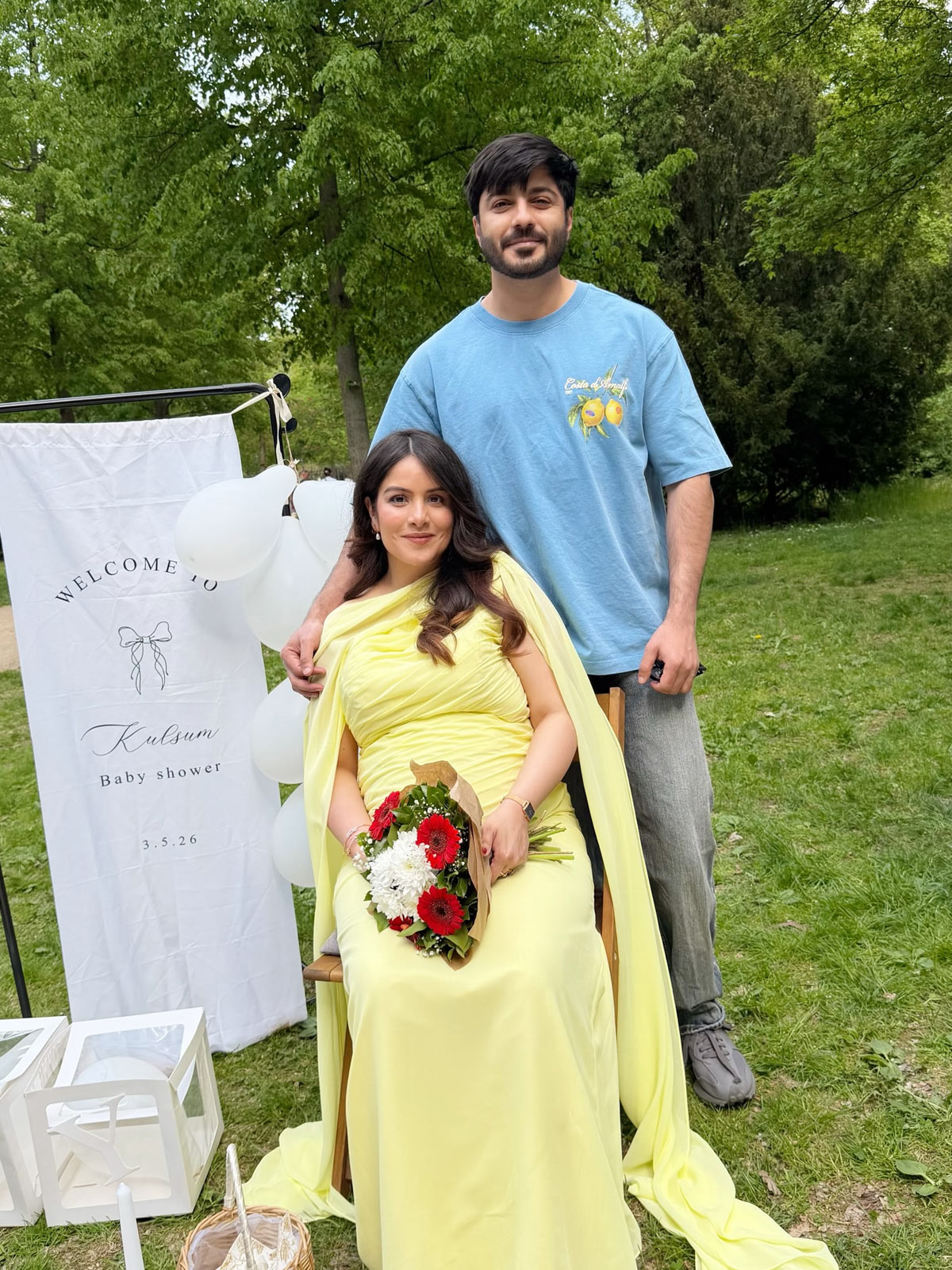 Who says maternity wear can’t be high fashion? 🤰✨  We're obsessed with how radiant mama-to-be @kulsumaltaf looks in our pastel yellow gown at her baby shower. 💛