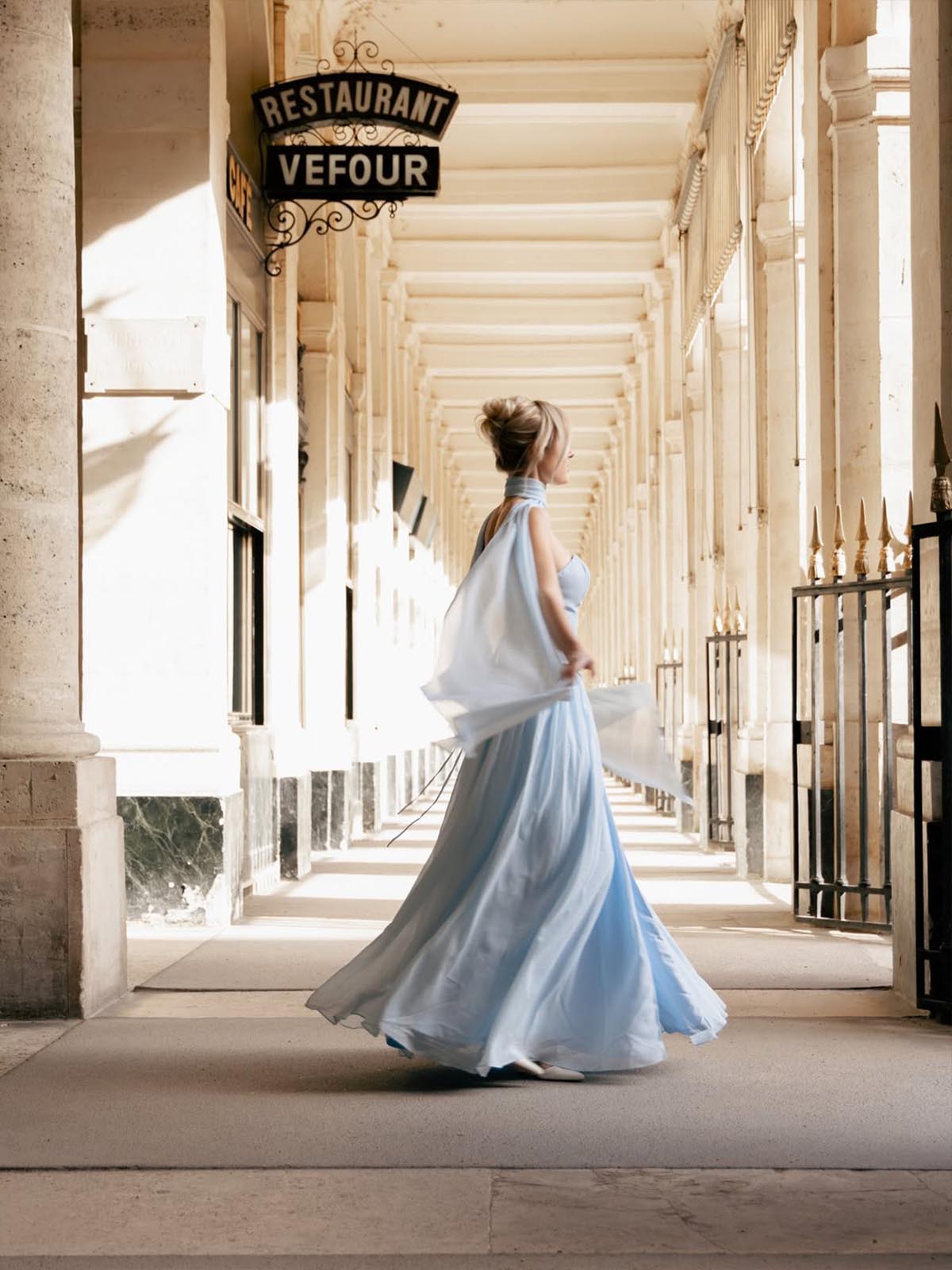 When swirling through the historic arcades of Paris, you are always guaranteed to be the main attraction. Turn heads and steal the spotlight just like this breathtaking vision in flowing pastel blue. @violettewindal