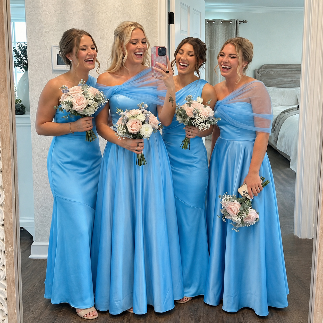 Just received this bridesmaid dress and it's absolutely lovely! The colour is so vibrant and the material feels incredibly soft. It's a great fit, and the asymmetrical cap sleeves add a brilliant touch of elegance. Would highly recommend for any special occasion.