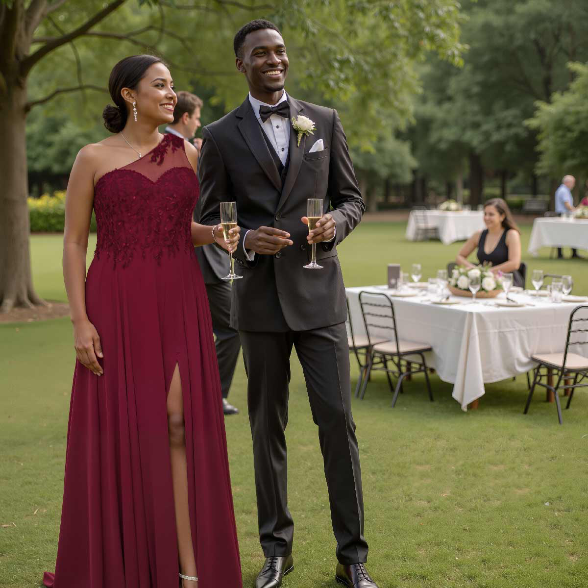 I ordered this dress for my sister's wedding and it arrived just in time. The chiffon material is very comfortable and the lace appliques add a touch of elegance. The high split is a bit more daring than I expected, but it's a nice change. Would recommend for a special occasion.